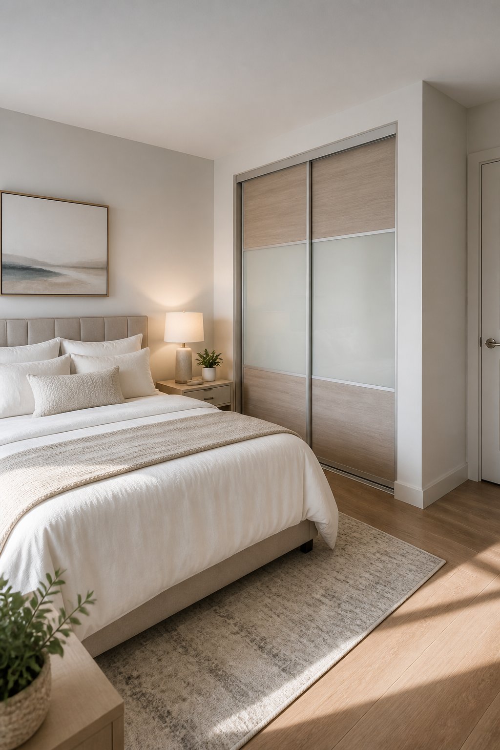 A small bedroom with a queen bed positioned beside a sliding-door reach-in closet.