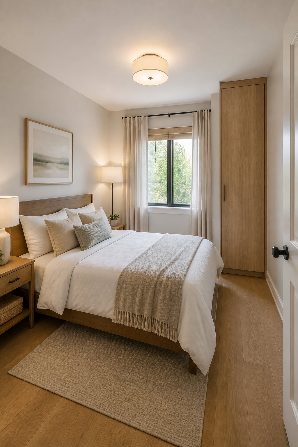 A small bedroom with a queen bed and one tall wardrobe in the far corner.