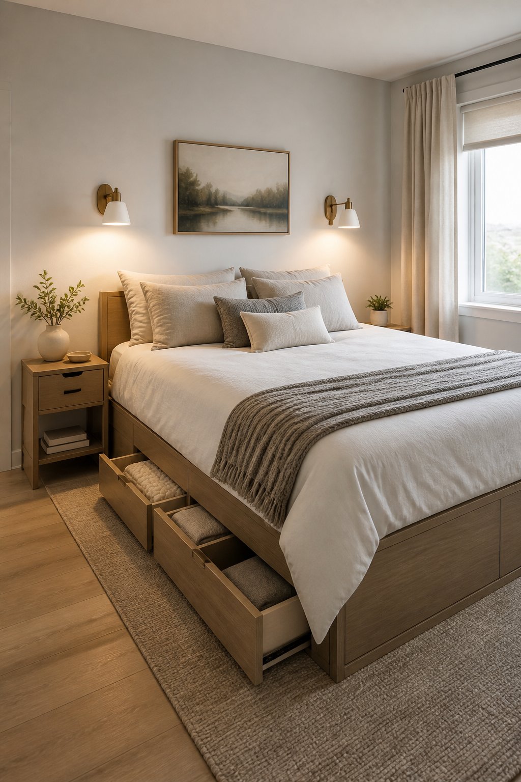 A compact bedroom with a queen bed, built-in drawers underneath, and two wall-mounted reading lights.