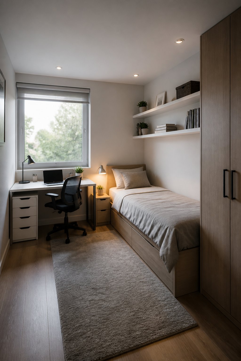 A small bedroom with a bed and compact desk arranged to maximize space.