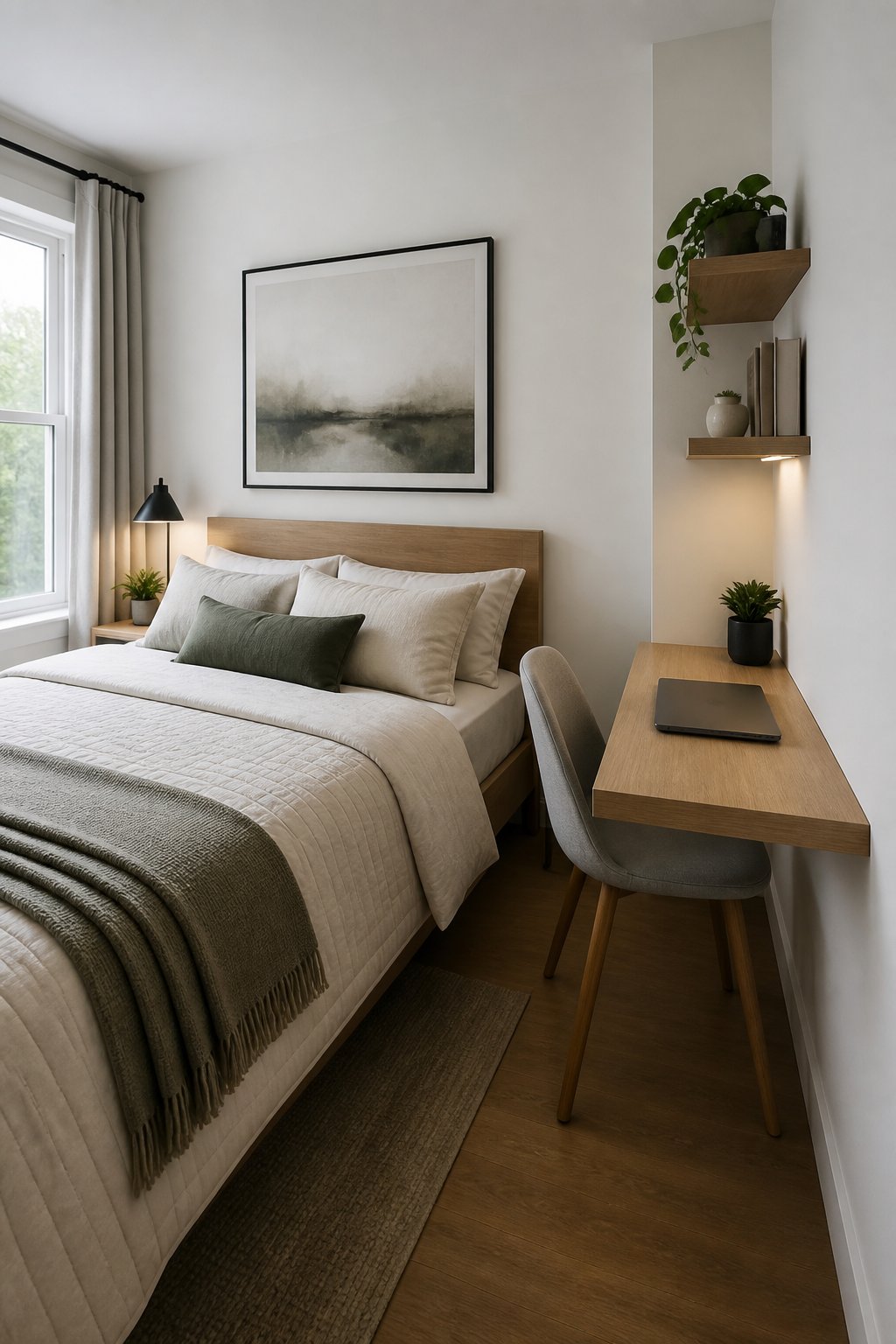 A compact bedroom with a queen bed and a wall-mounted floating desk beside it.