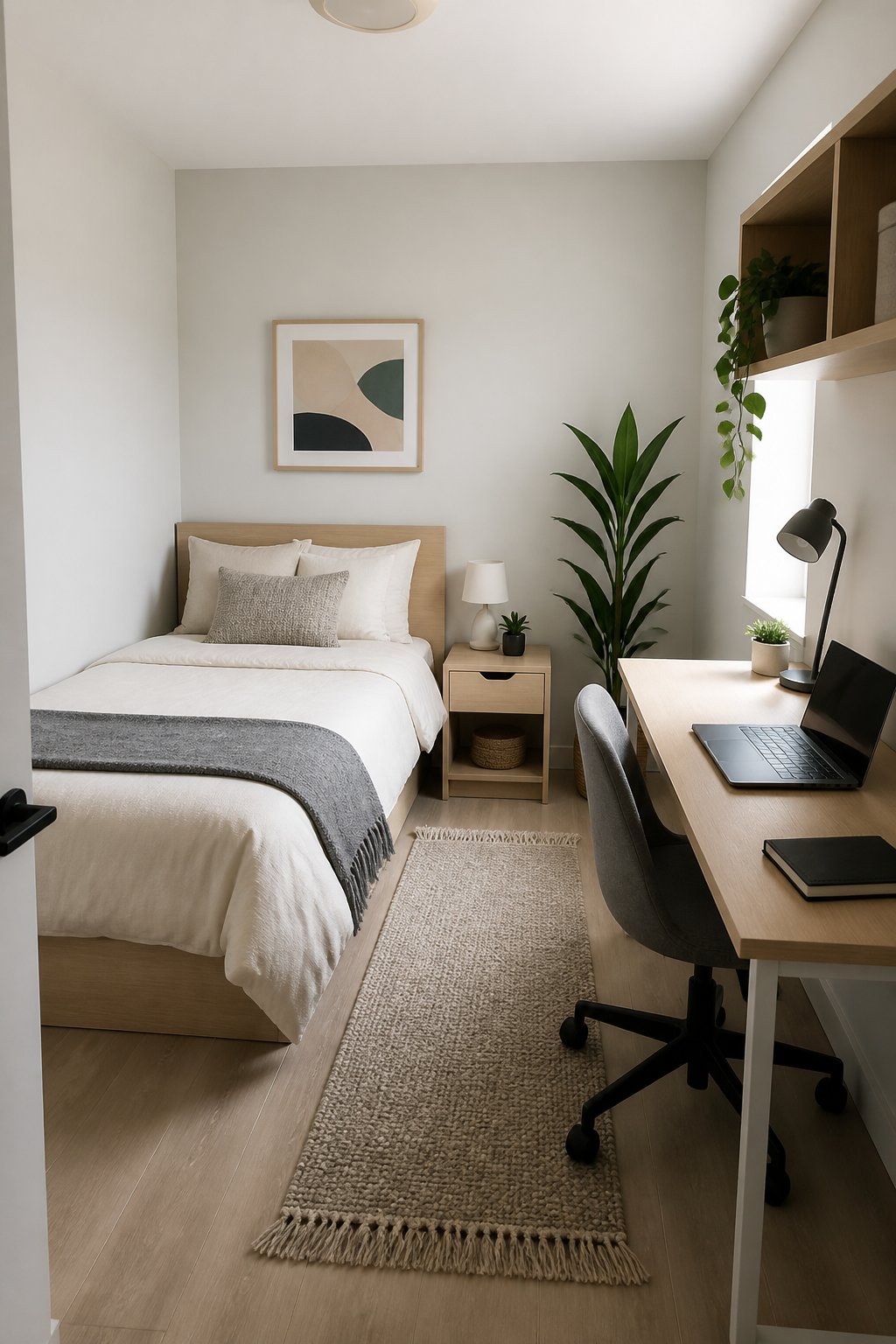 A small bedroom with a bed in the corner and a desk on the opposite wall.