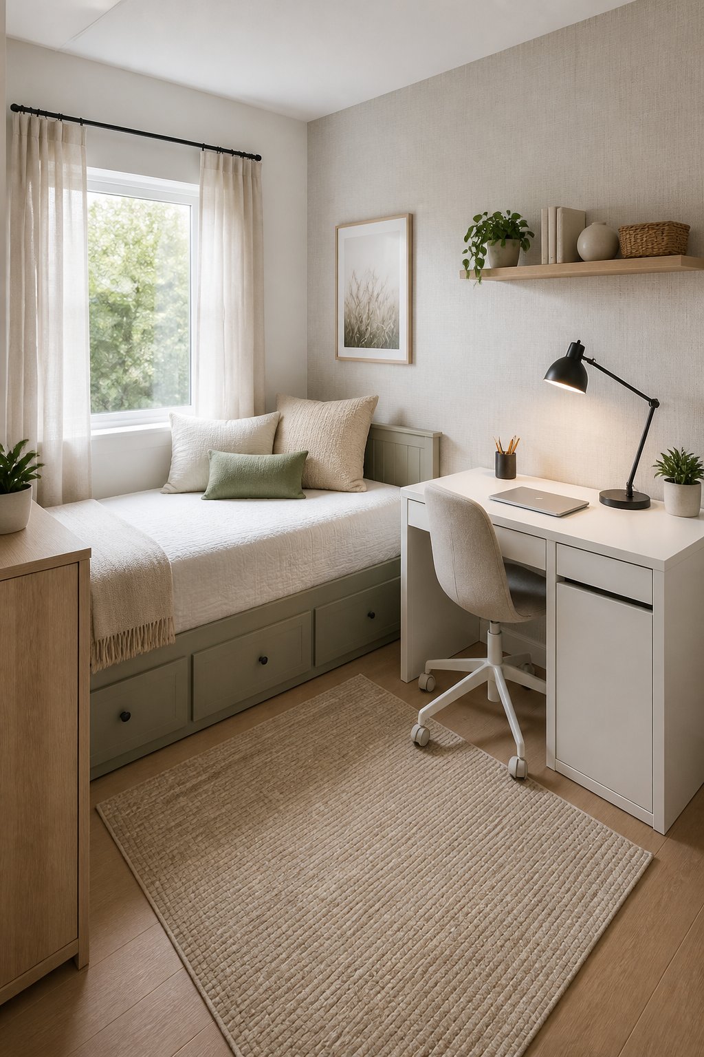 A small bright bedroom with a twin daybed and a compact white desk arranged side by side.