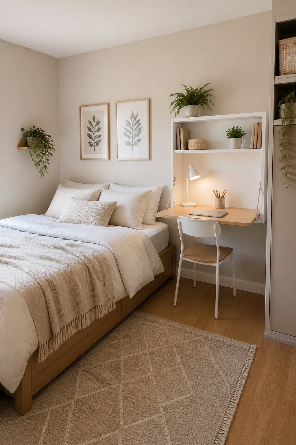 A small bedroom with a full-size bed beside a wall-mounted fold-down desk and chair.