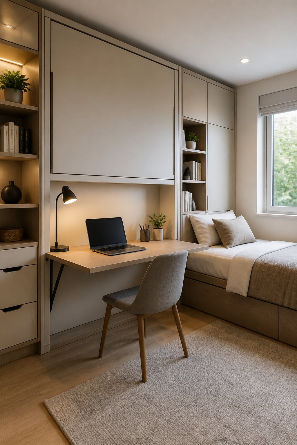 A compact bedroom with a wall-mounted Murphy bed and a fold-down desk arranged as a small home office.