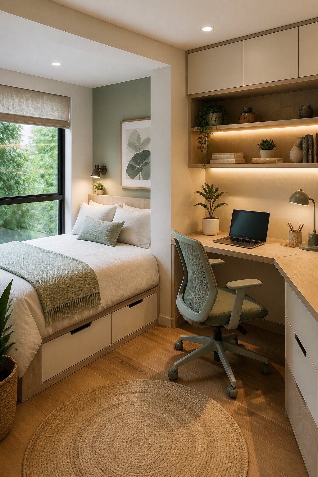 A small bedroom with a neatly made bed tucked into a corner beside an L-shaped desk.
