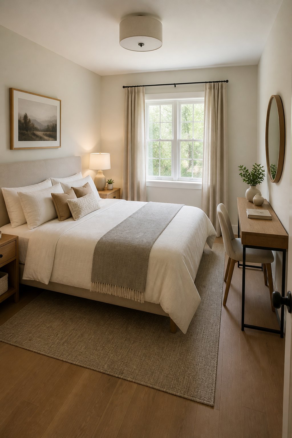 A small bedroom with a full bed centered against the wall and a narrow desk nearby.