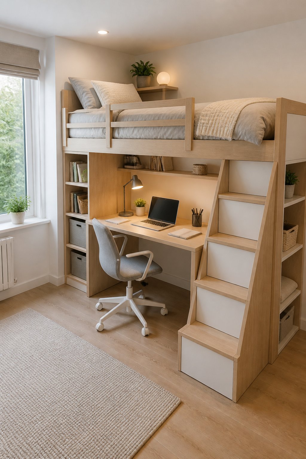 A compact bedroom with a loft bed positioned directly above a desk and chair.