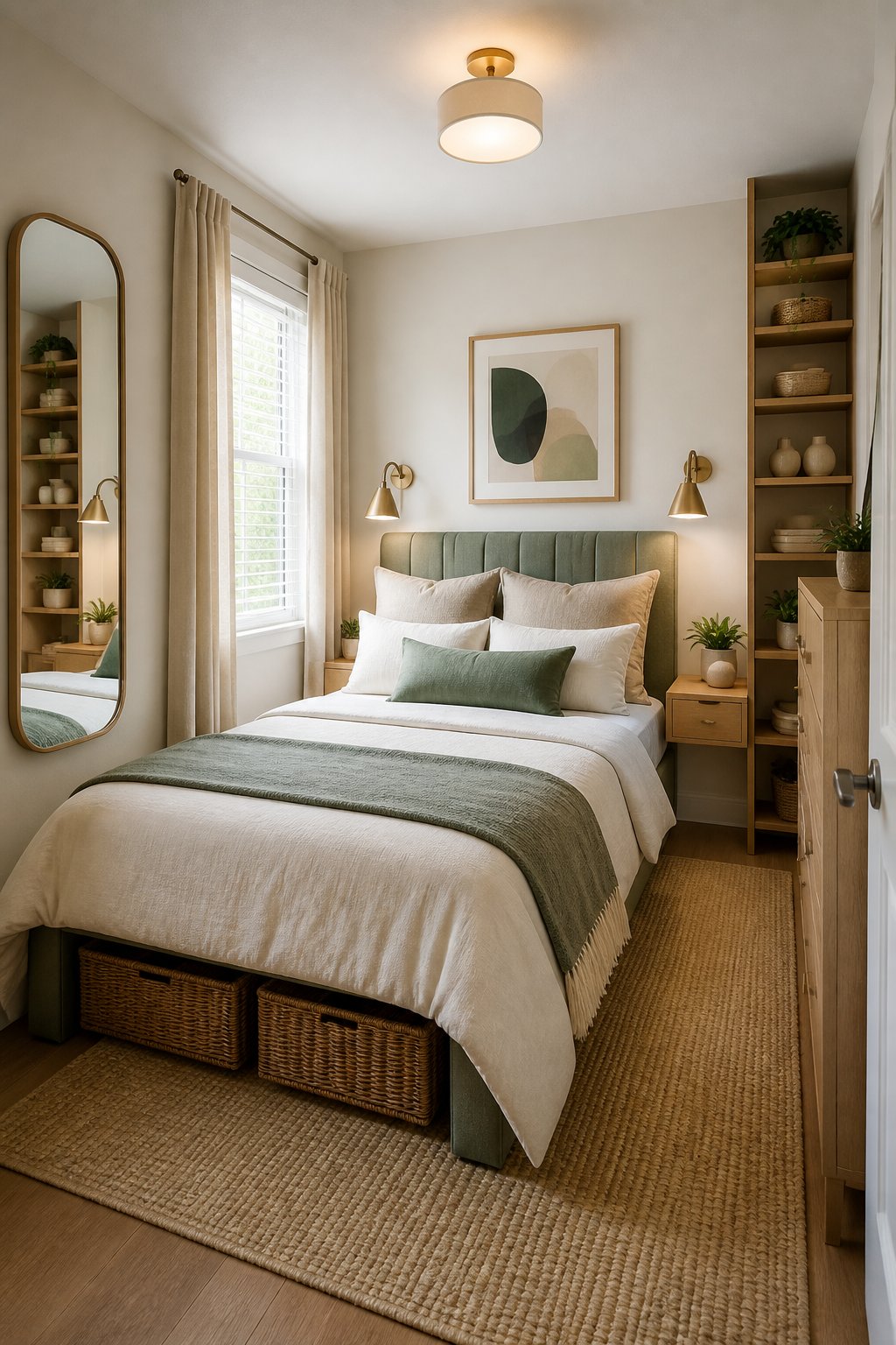 A compact, bright bedroom with a neatly made bed, wall shelves, soft lighting, storage baskets, plants, and neutral decor.