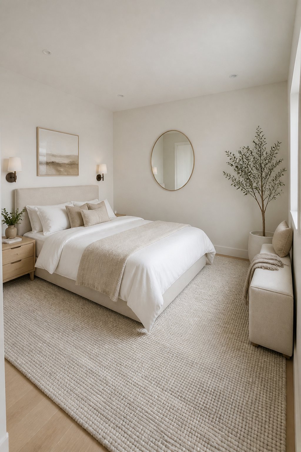 A small bright bedroom with neutral furnishings, a bed, and one large textured rug.
