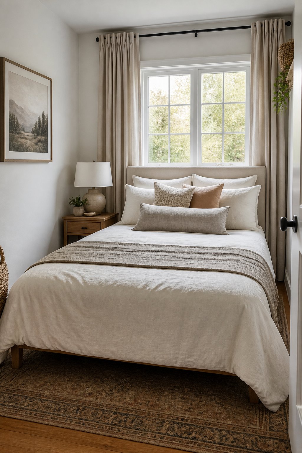 A small bedroom with a neatly made bed beneath a window framed by long curtains.