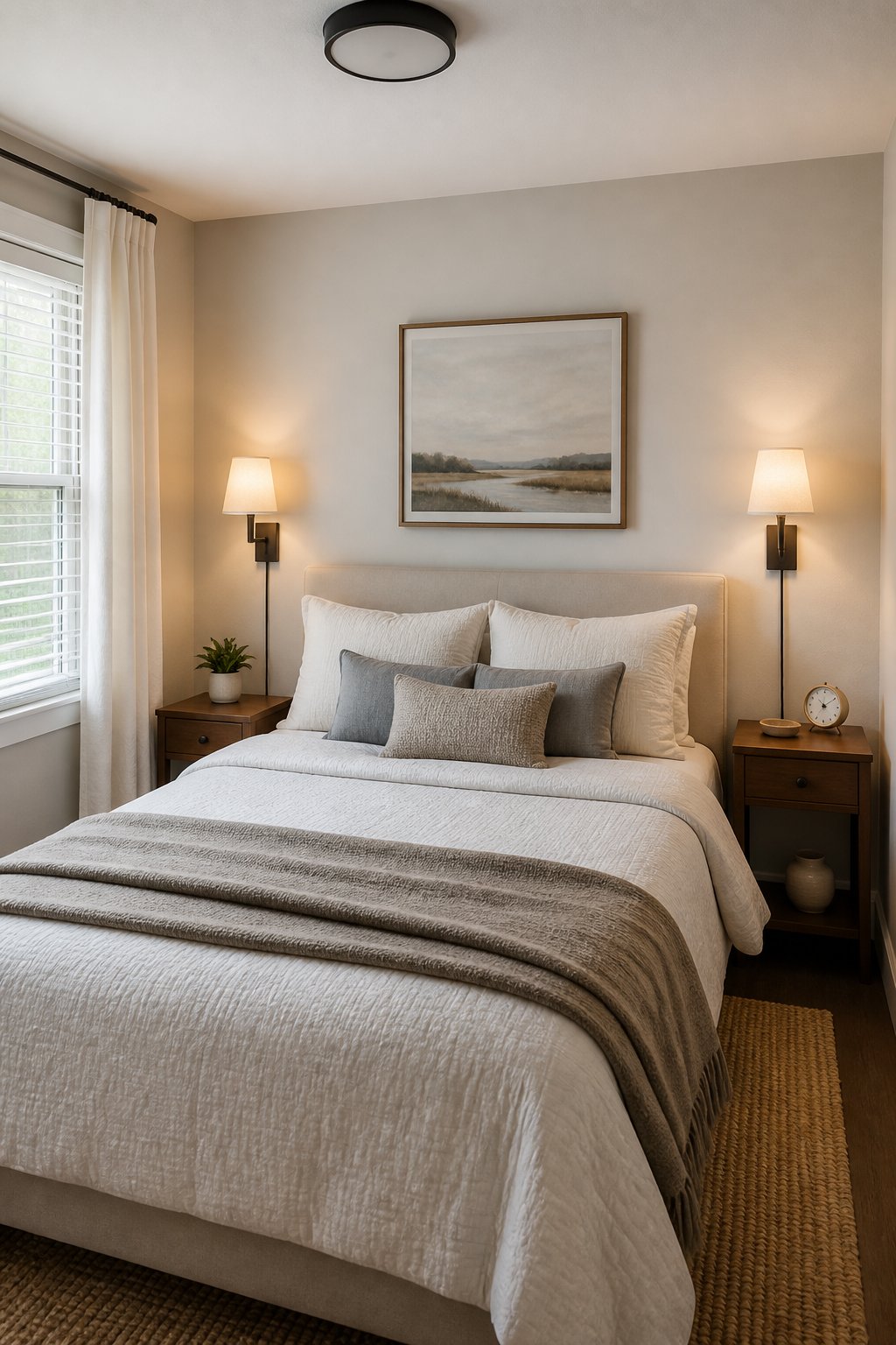 A compact bedroom with two wall-mounted plug-in sconces beside a neatly made bed.