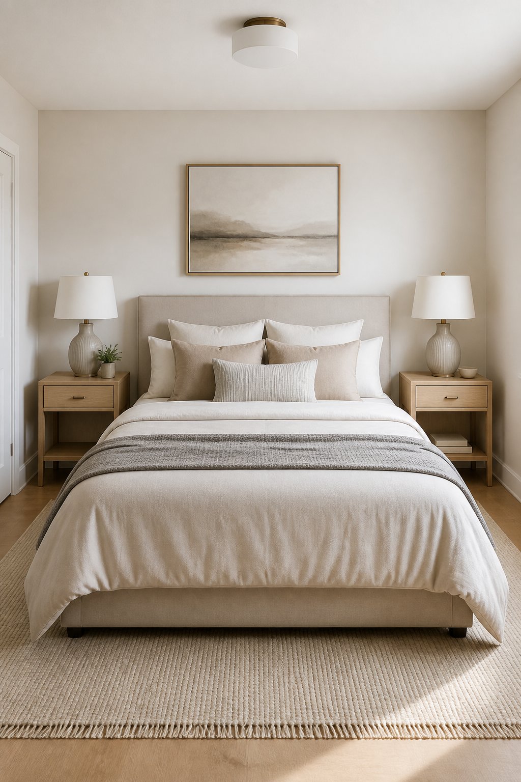A compact bedroom with a queen bed centered between two slim matching nightstands.