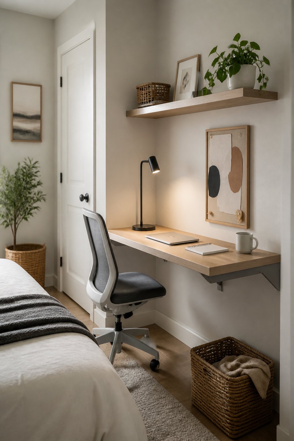 A small bedroom with a wall-mounted desk, chair, shelves, and organized work essentials.
