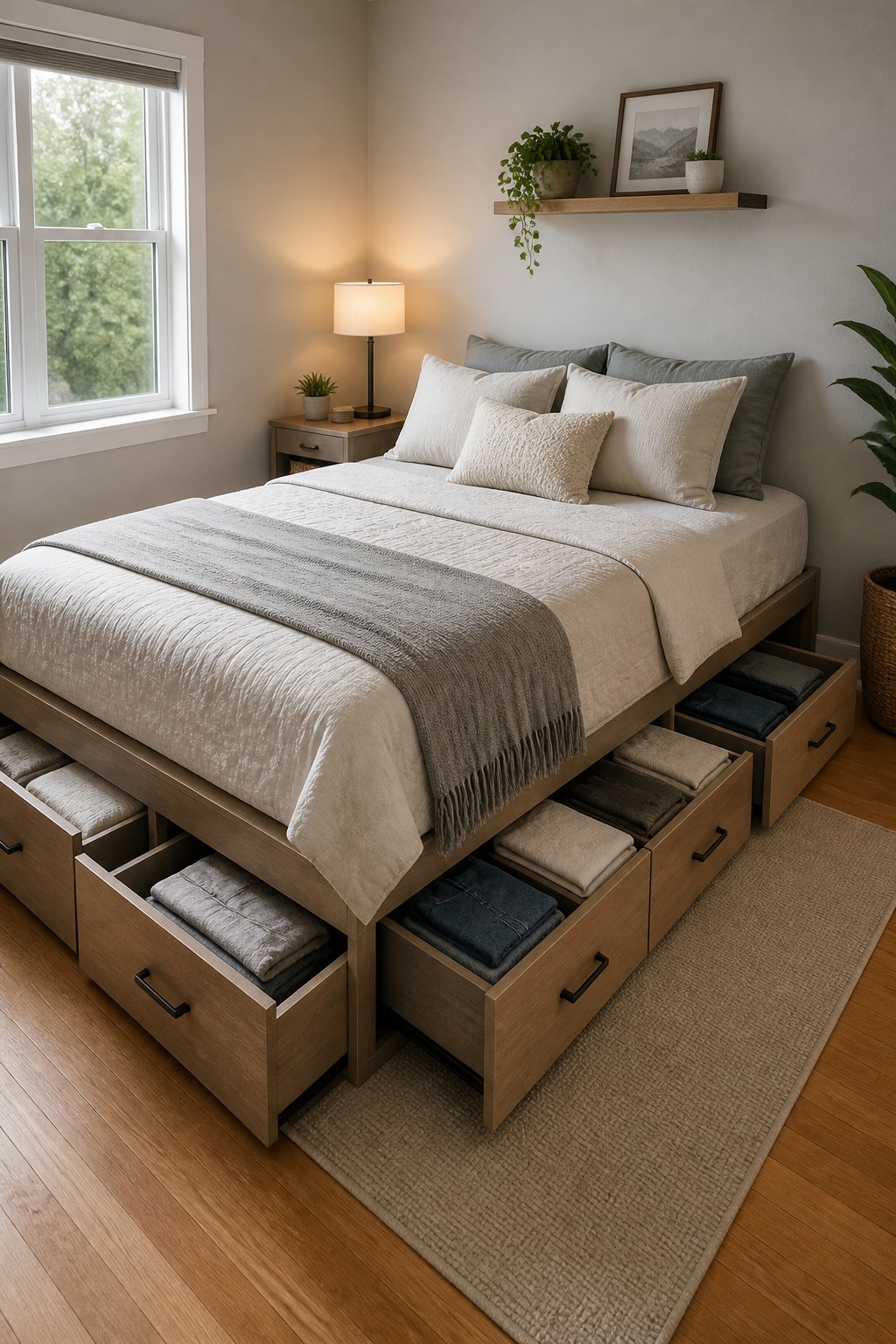 A compact bedroom with a neatly made storage bed and organized drawers beneath it.