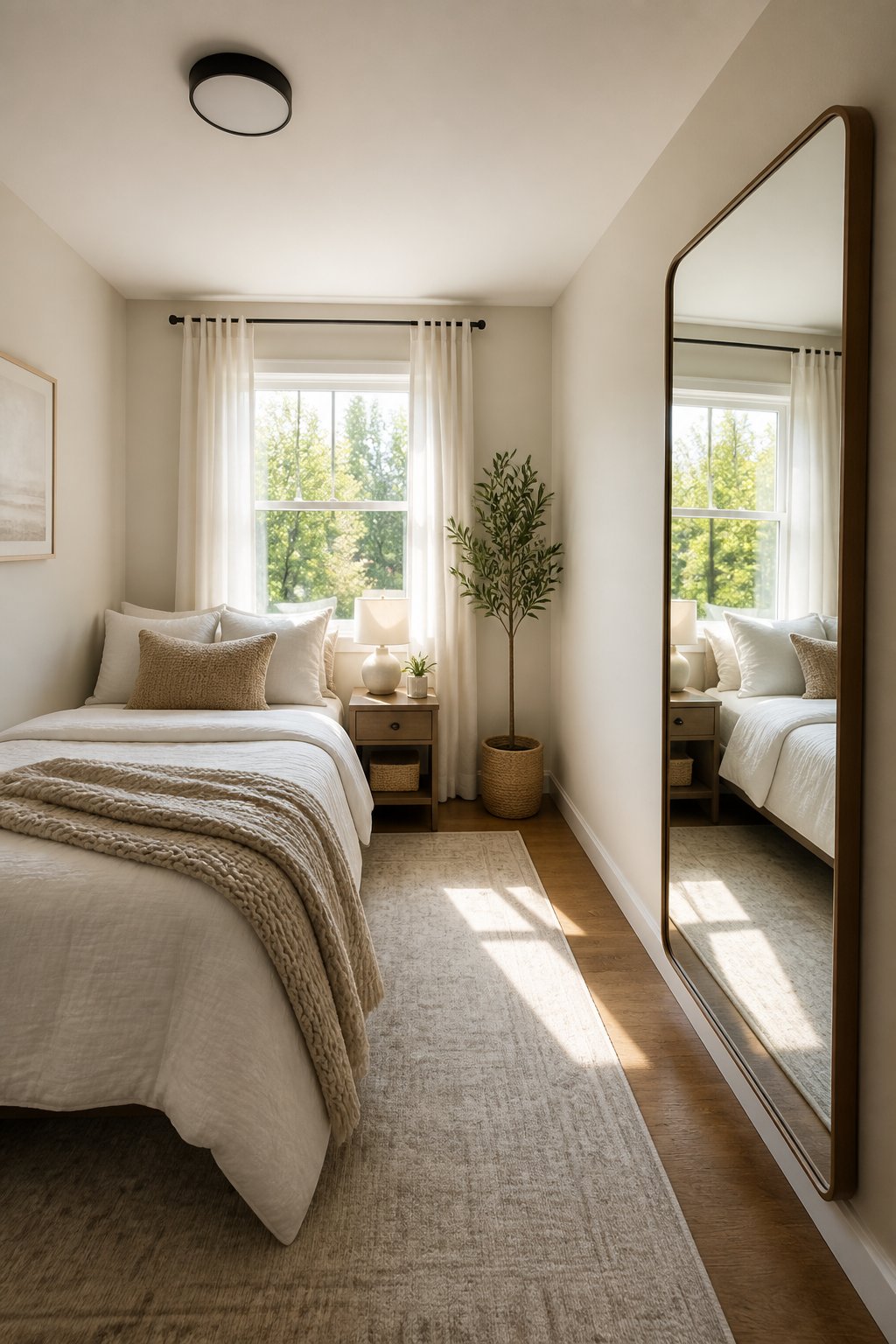 A small bedroom with a full-length mirror placed opposite a sunlit window.