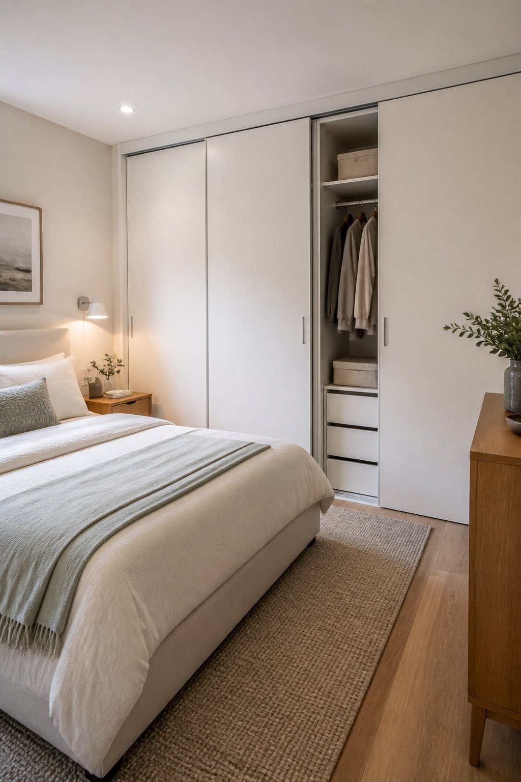 A compact bedroom with a sliding-door wardrobe, neatly arranged bed, and space-saving furnishings.