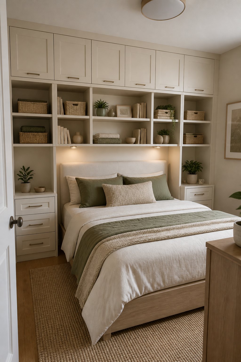 A compact bedroom with built-in cabinets and shelves spanning the wall above a neatly made bed.