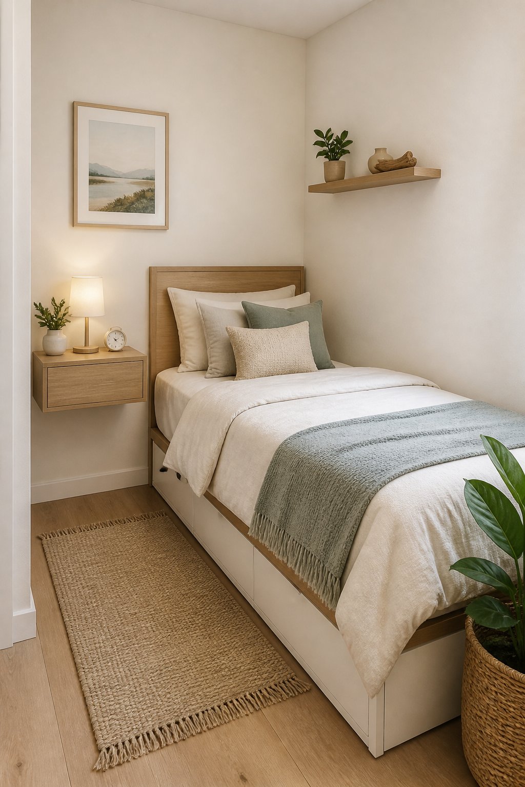 A small bedroom with a twin bed tucked into a corner beside a floating nightstand.