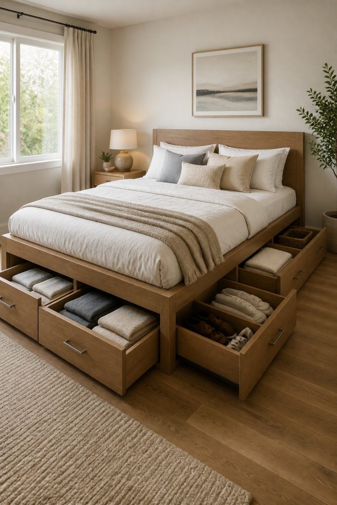 A bright bedroom with a platform bed featuring open drawers filled with neatly organized clothing, linens, shoes, and baskets.