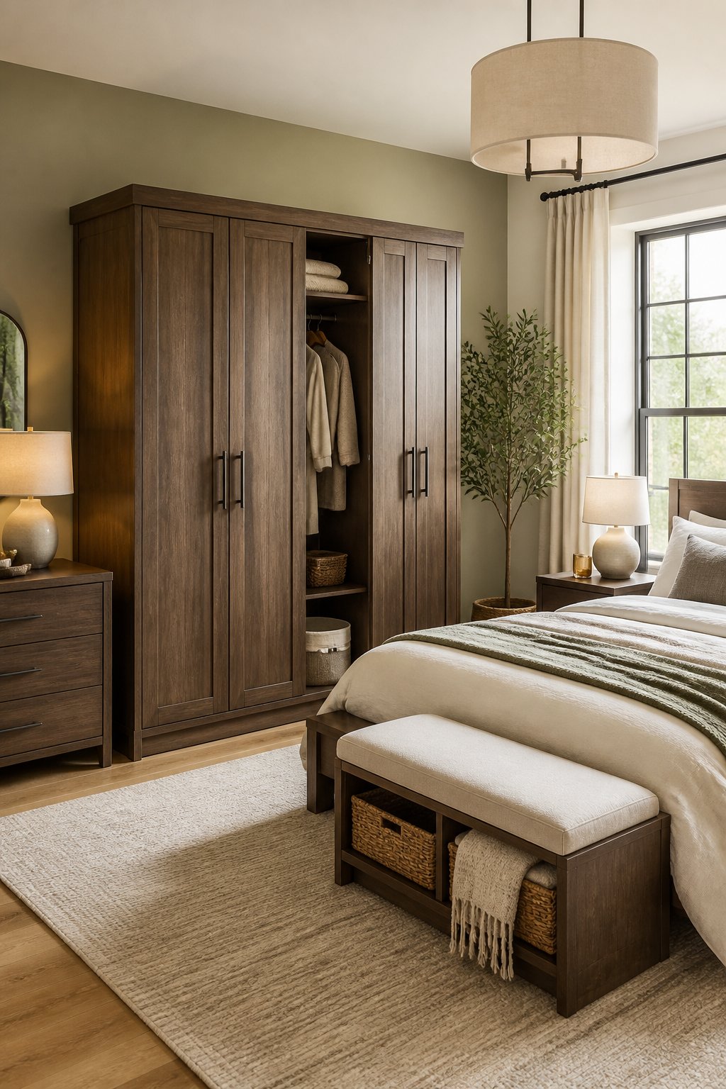 A neatly organized bedroom with a freestanding wardrobe beside the bed.