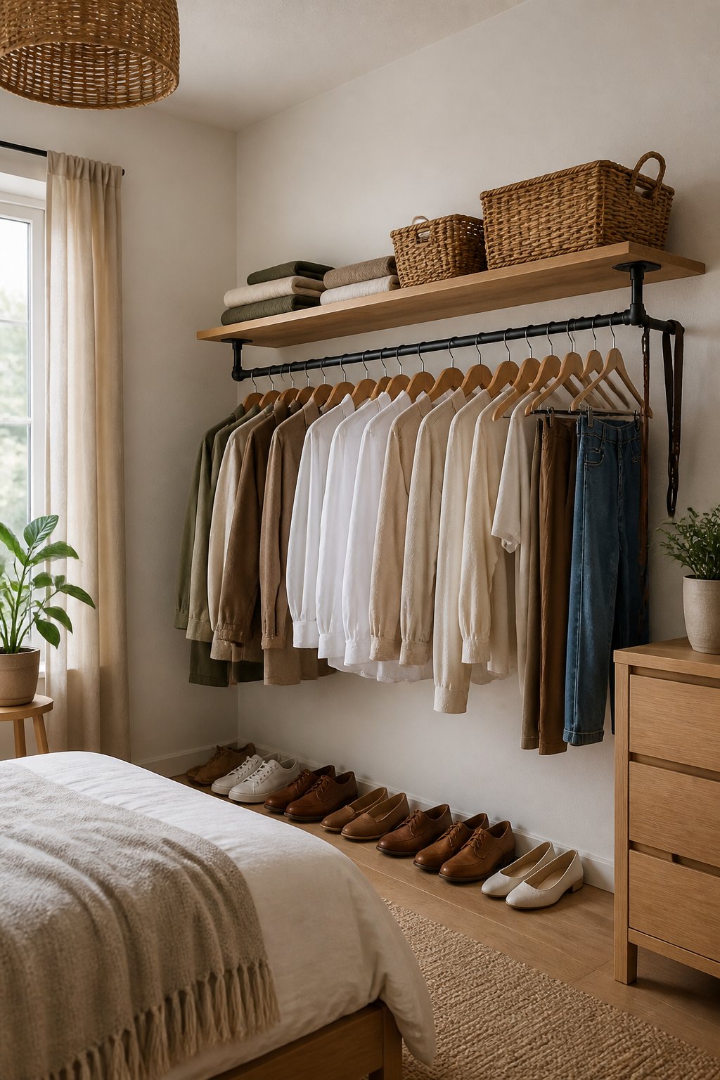 A neatly organized wall-mounted clothing rail with a top shelf in a bright bedroom.