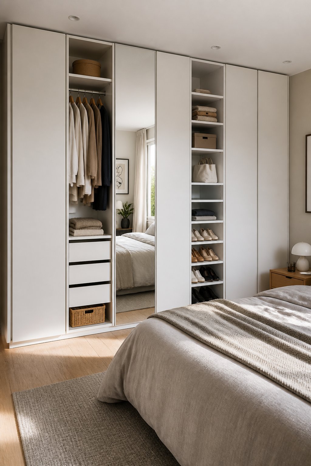 A bright bedroom with a tall modular wardrobe system spanning one wall.