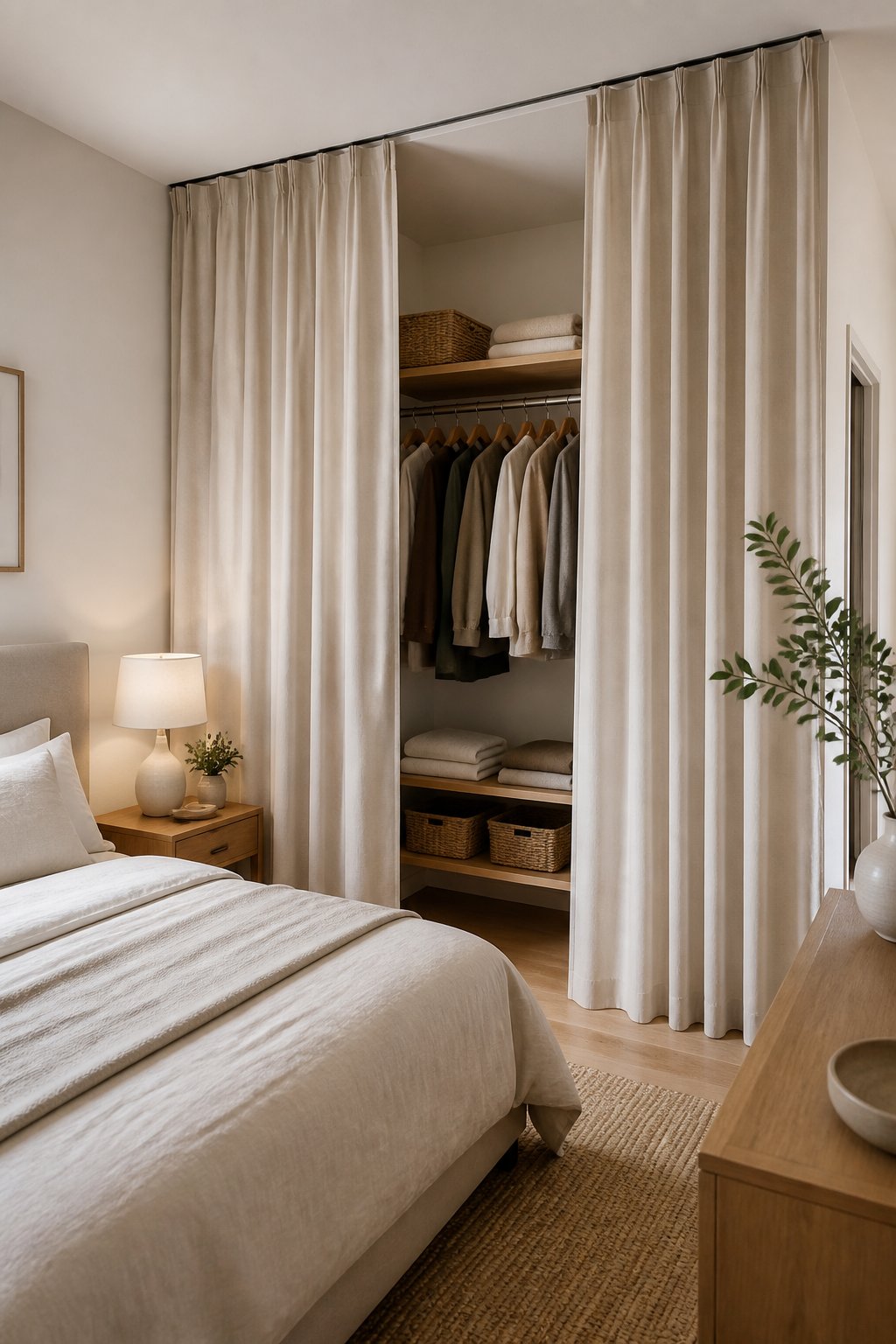 A bedroom alcove with organized clothing concealed behind partially open curtains on a ceiling-mounted track.