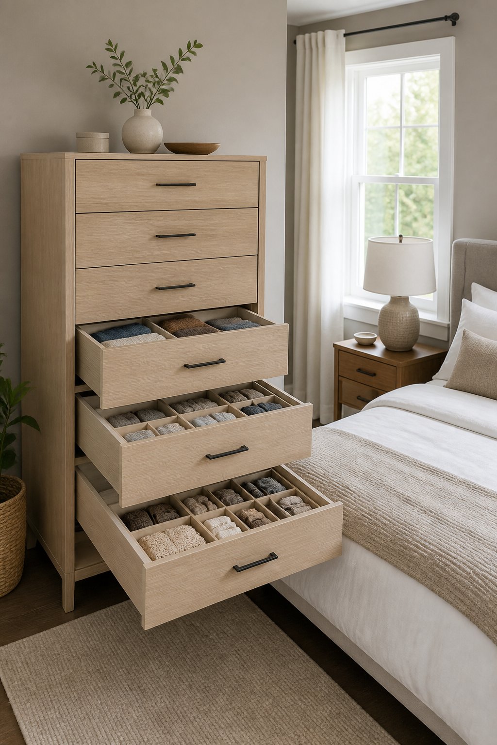 A tall dresser with open drawers showing neatly organized clothing in drawer dividers in a tidy bedroom.