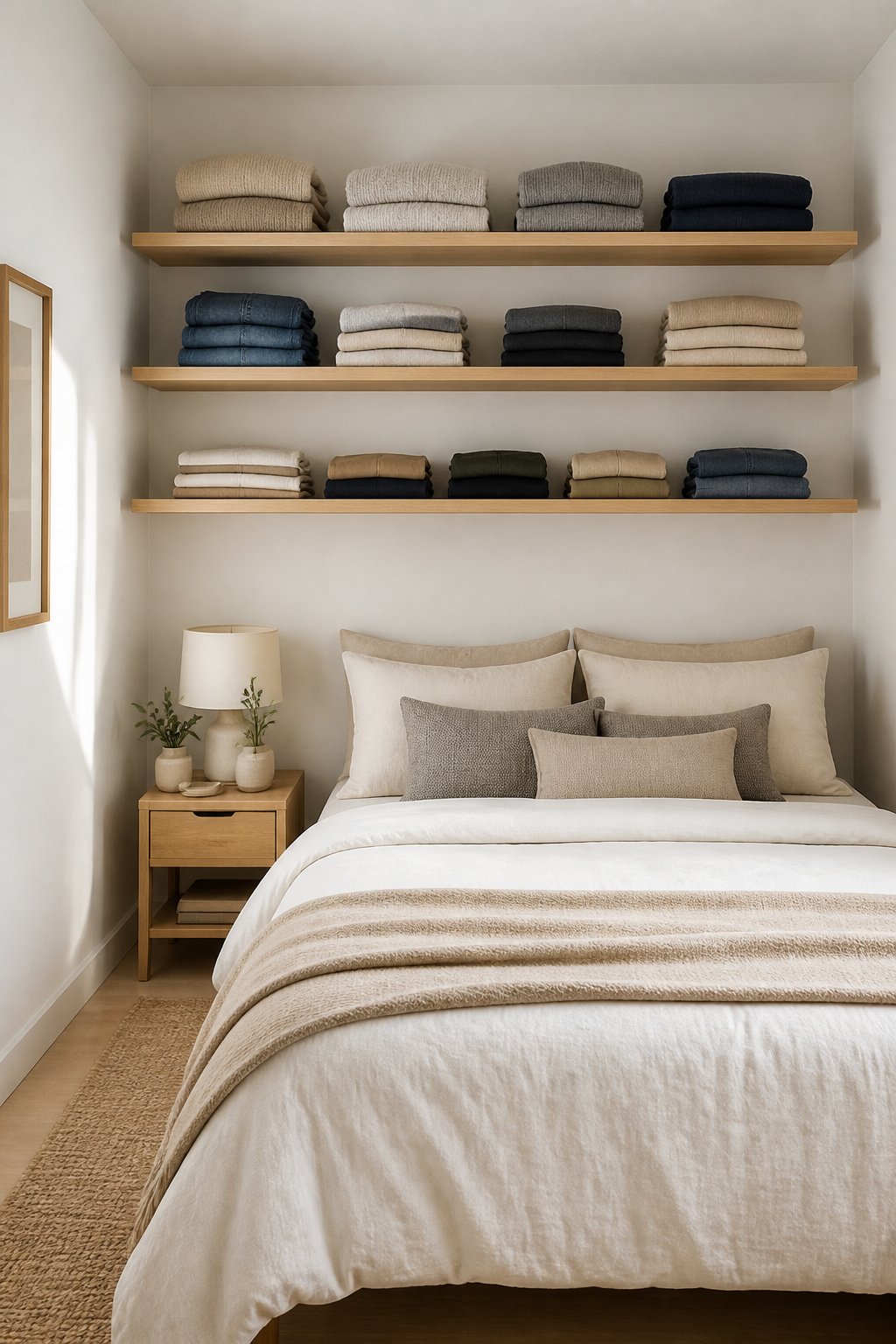 A neatly made bed beneath floating shelves holding folded clothes.