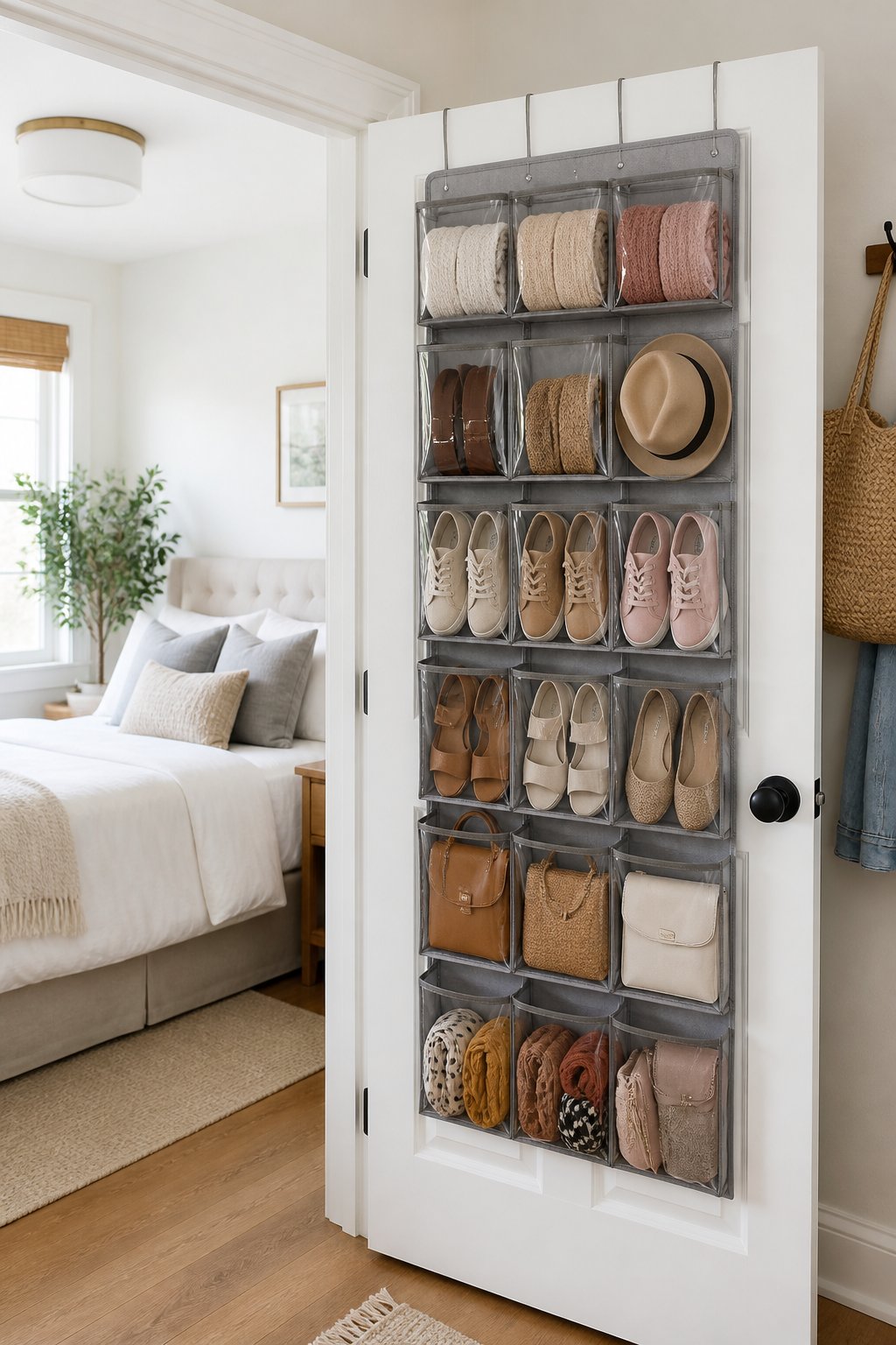 An over-the-door organizer holds shoes and accessories in a tidy bedroom.