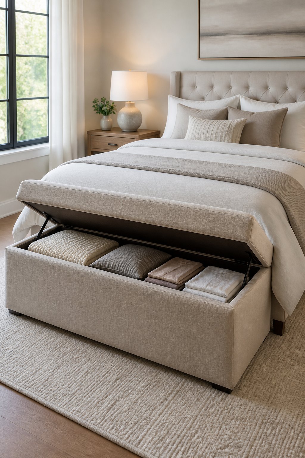 A bedroom with a storage bench at the foot of the bed holding folded blankets and pillows.