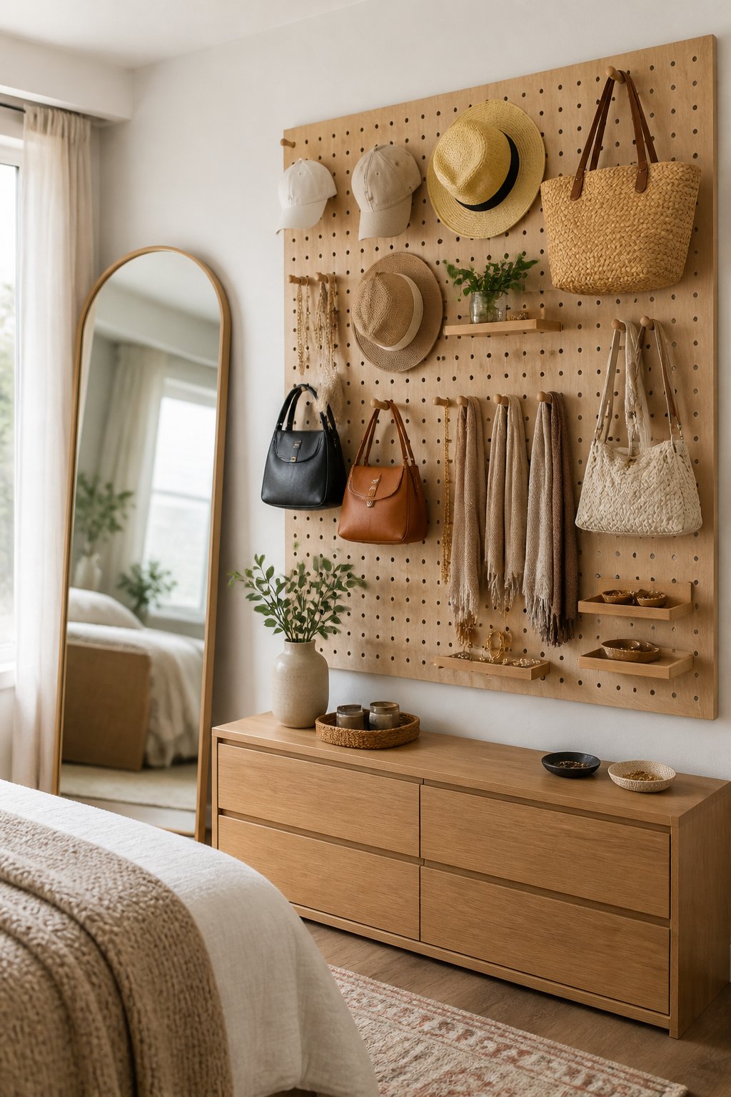 A bedroom pegboard neatly displaying handbags, hats, scarves, and jewelry.
