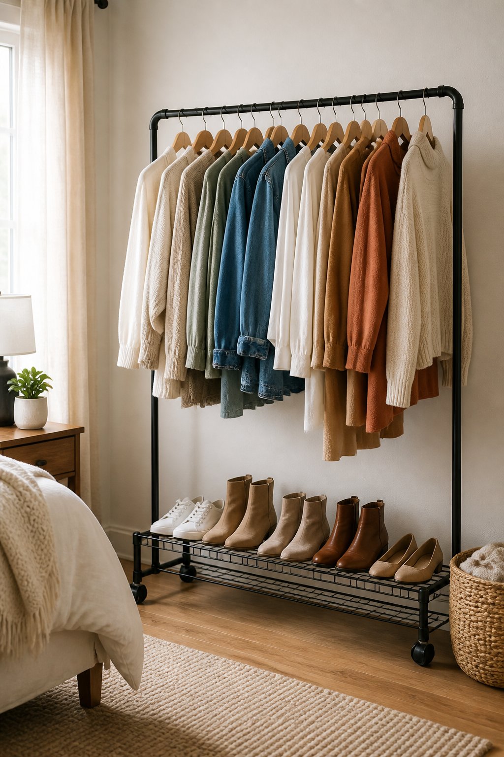 A rolling garment rack with hanging clothes and shoes on a lower shelf in a tidy bedroom.