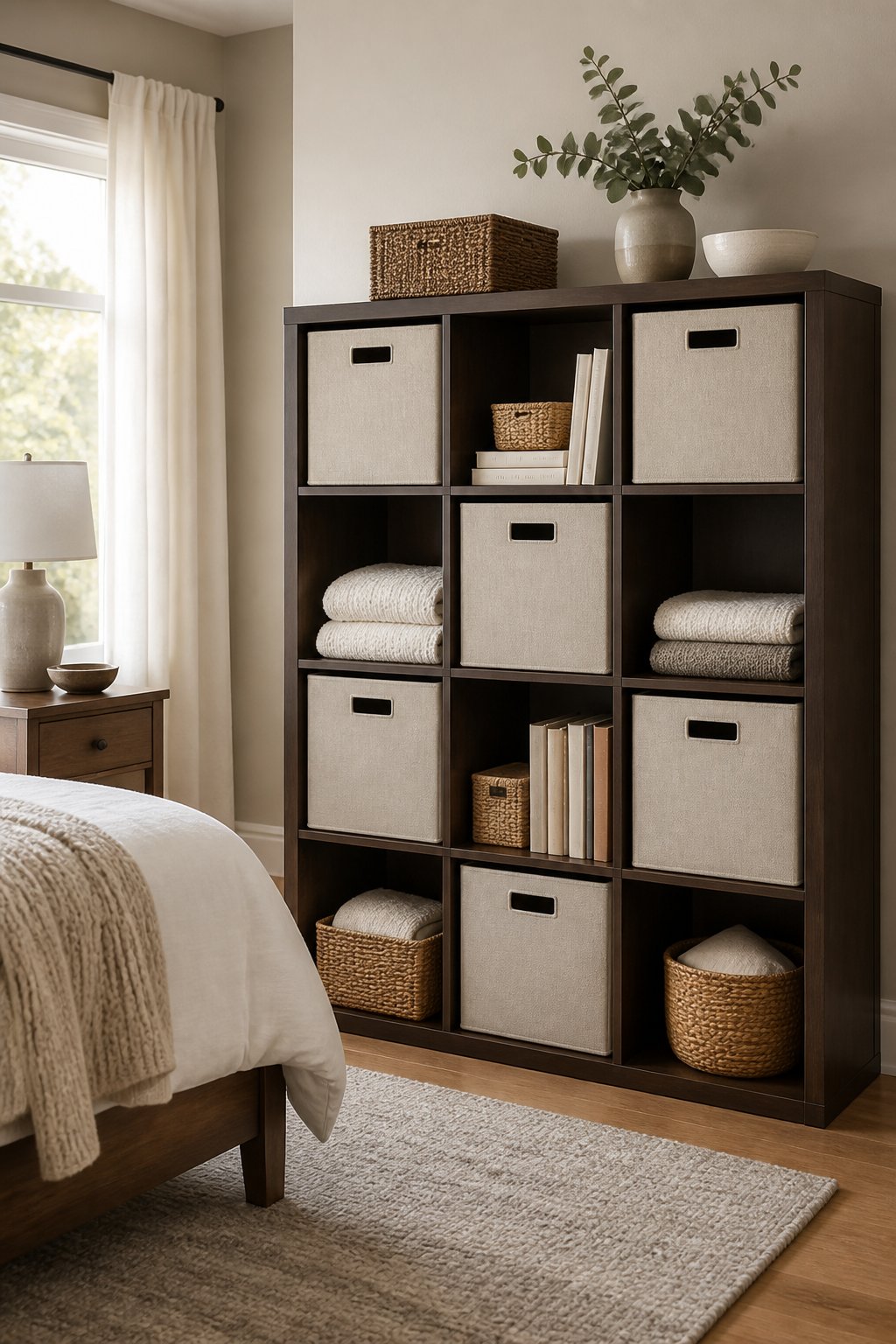 A cube storage bookcase with fabric bins stands neatly arranged in a bright bedroom.