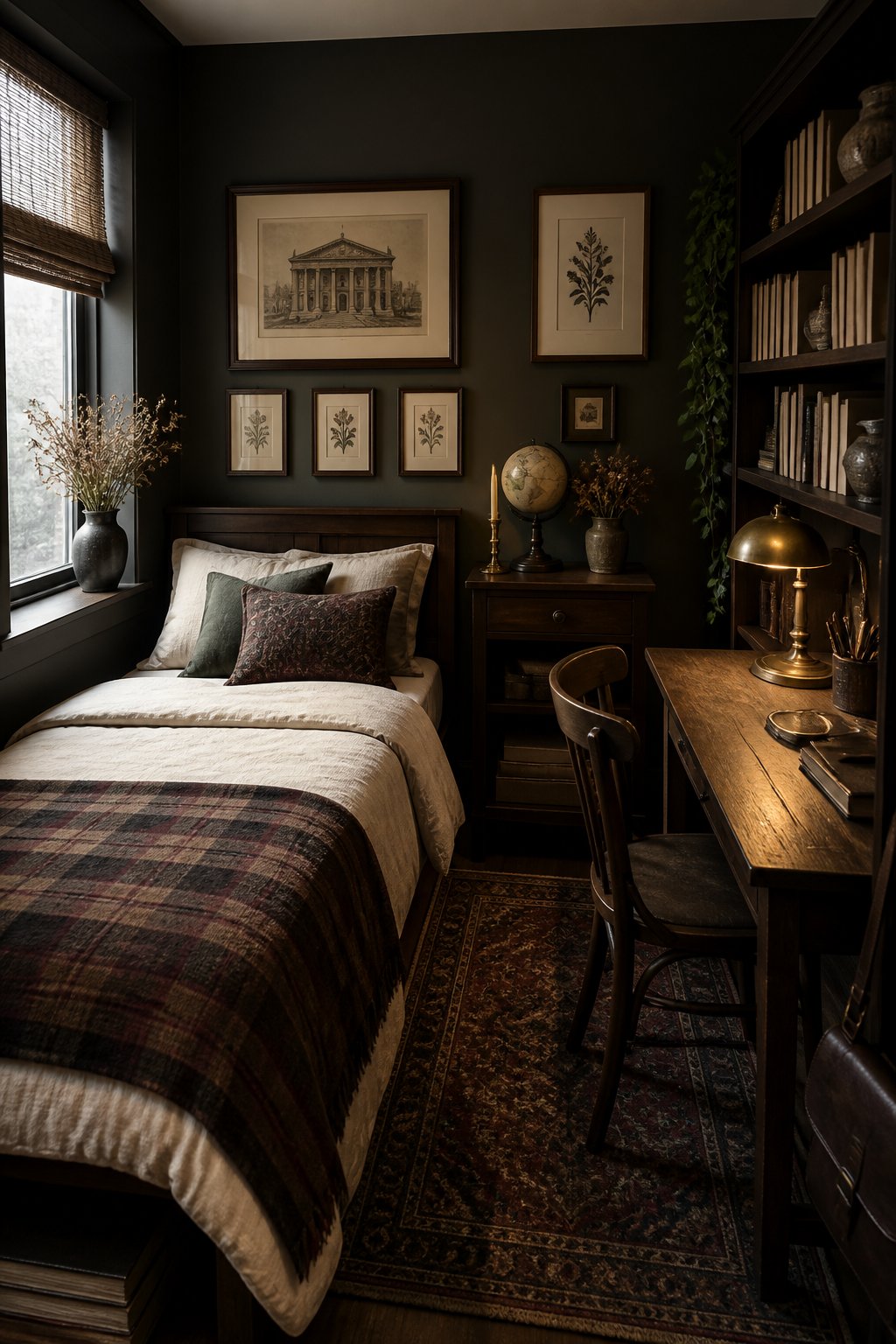 A small, warmly lit bedroom with dark wood furniture, a neatly made bed, a desk, bookshelves, and classic decorative objects.