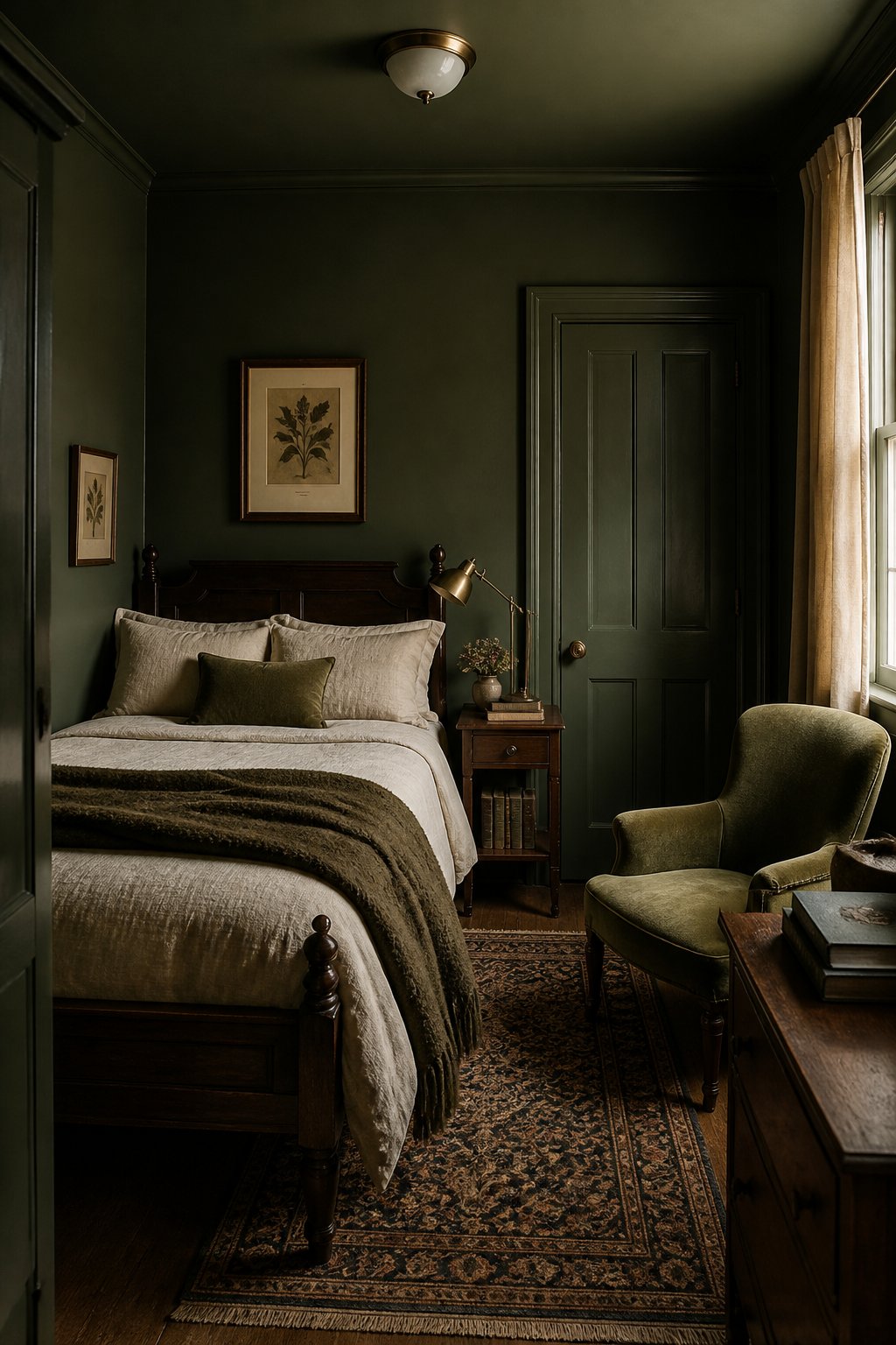 A small bedroom with deep green walls, a dark wood bed, warm lighting, books, and vintage furnishings.