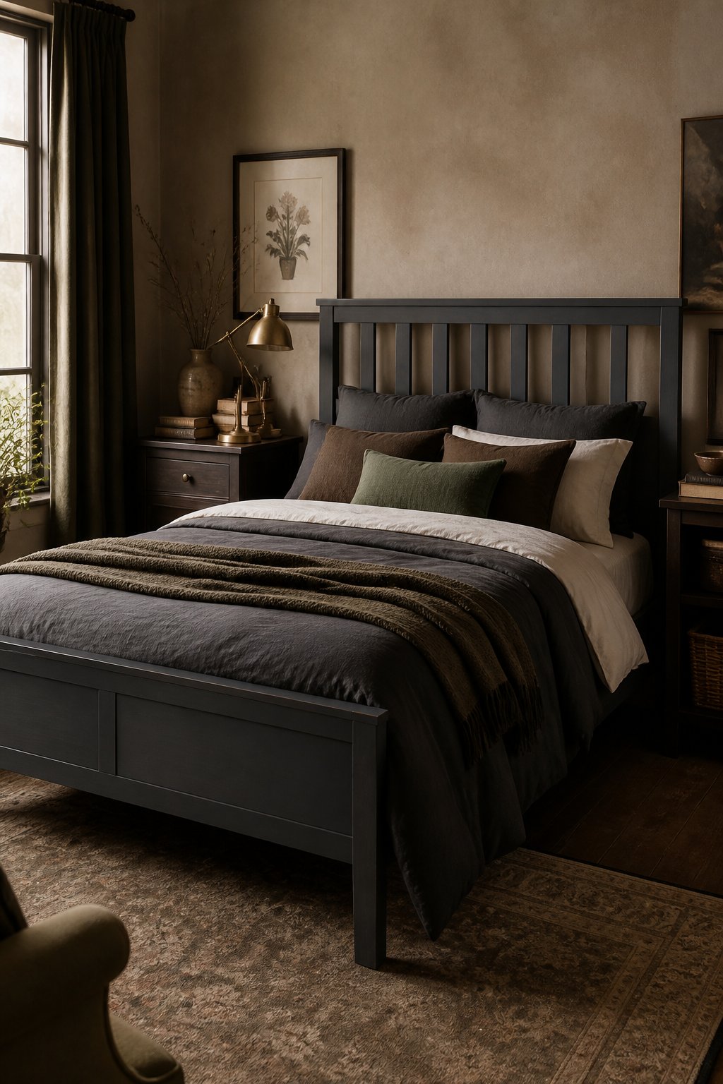 A small bedroom with a dark gray bed frame, layered bedding, wooden furniture, books, and warm lighting.