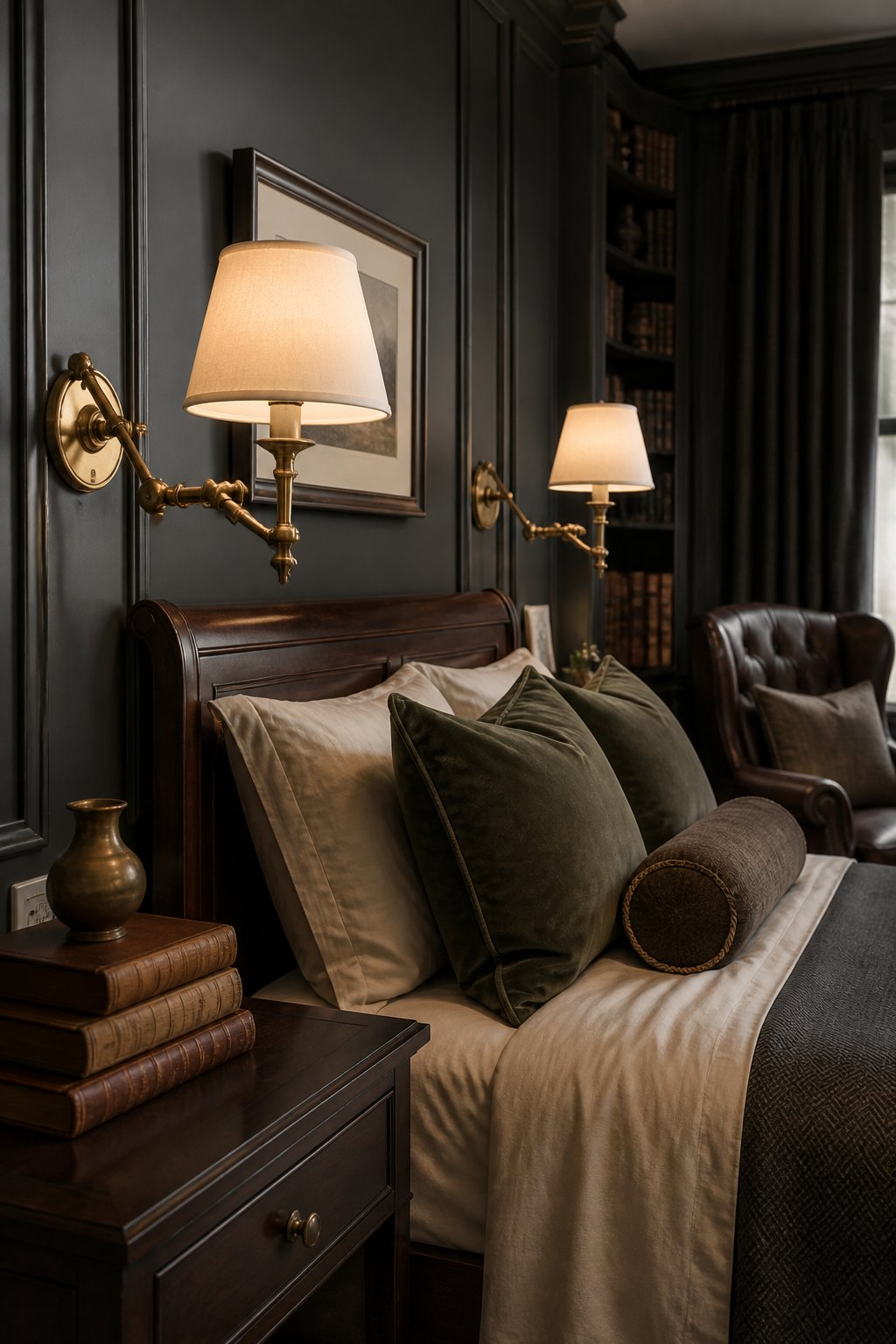 A small bedroom with two brass swing-arm wall sconces glowing beside a dark wooden bed.