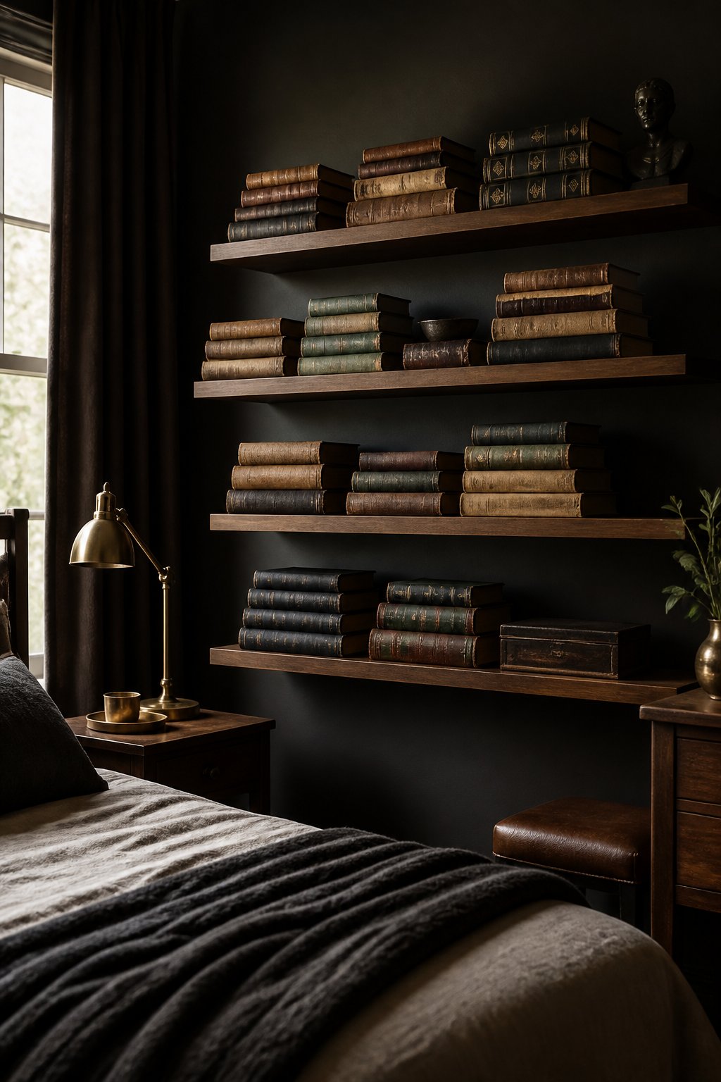 Stacks of vintage books arranged on floating shelves in a dark bedroom.