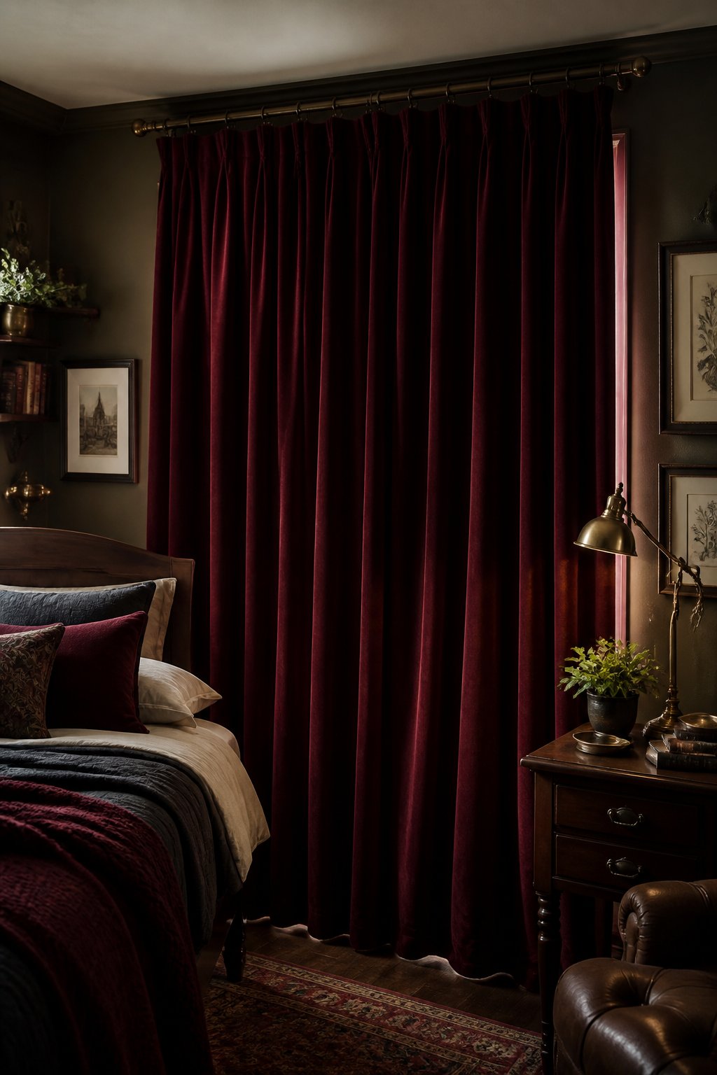 A small bedroom with burgundy velvet curtains covering a window, dark wood furniture, books, and warm vintage decor.