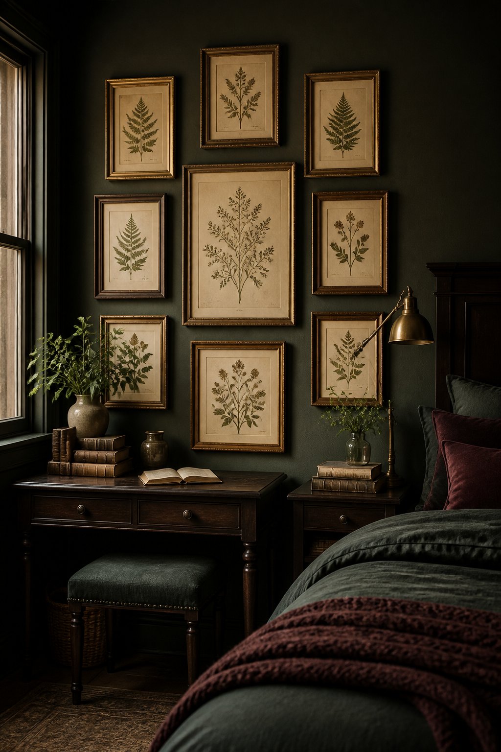A small bedroom with a wall of vintage botanical prints in gold frames above a dark wood desk.