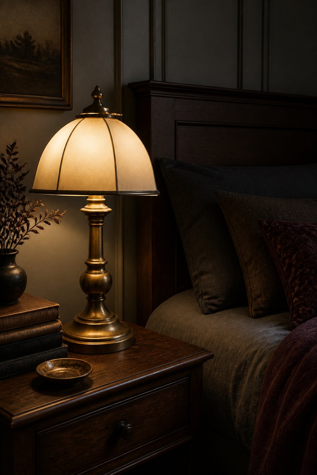 A glowing brass table lamp sits on a wooden bedside table in a dim bedroom.