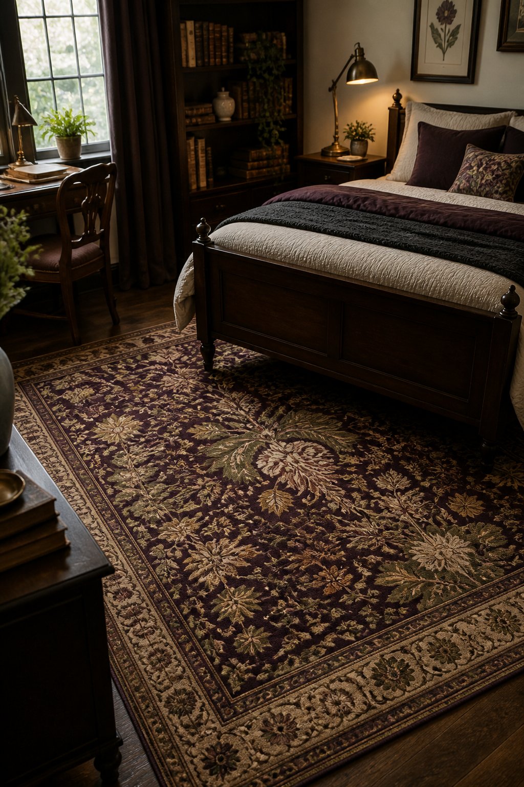 A small bedroom with a plum and moss green floral rug, dark wood furniture, layered bedding, books, and warm lighting.