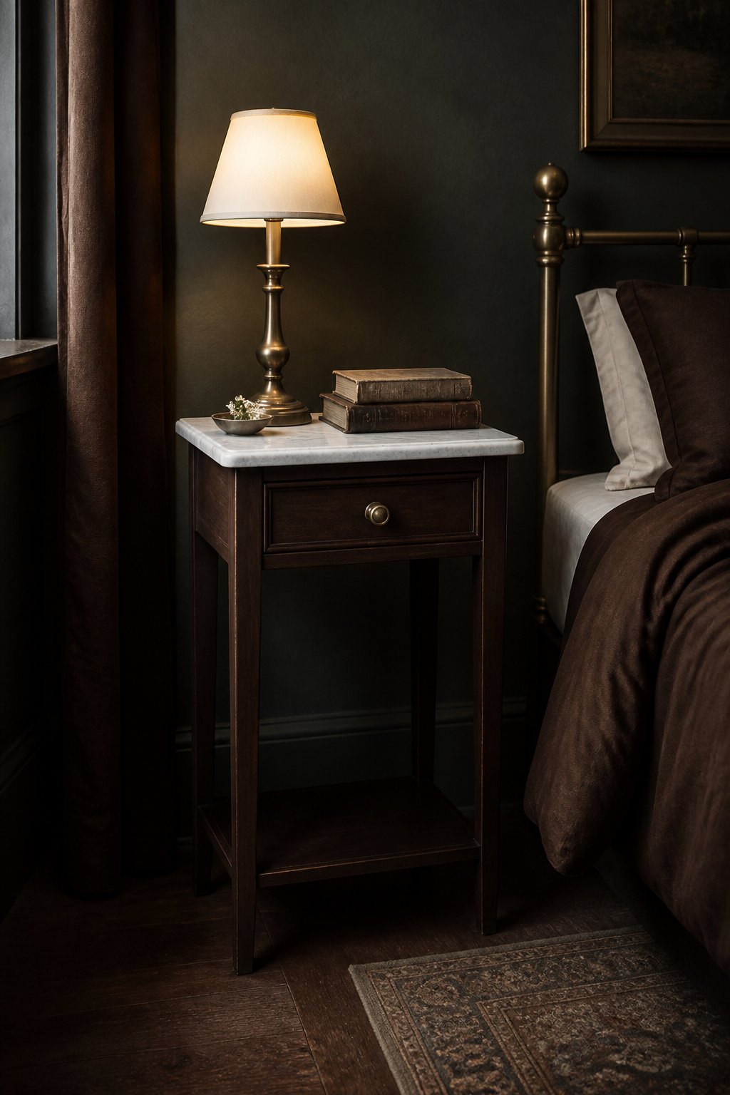 A narrow dark-wood nightstand with a pale marble-look top beside a bed in a dimly lit bedroom.