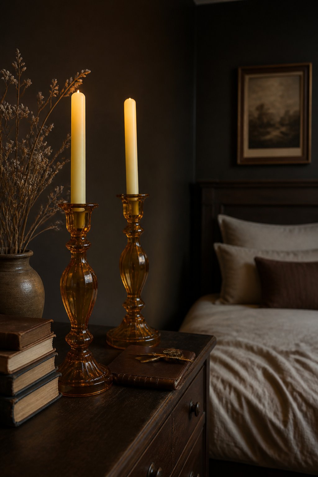 Amber glass candleholders with flameless taper candles on a bedside table in a small dark bedroom.