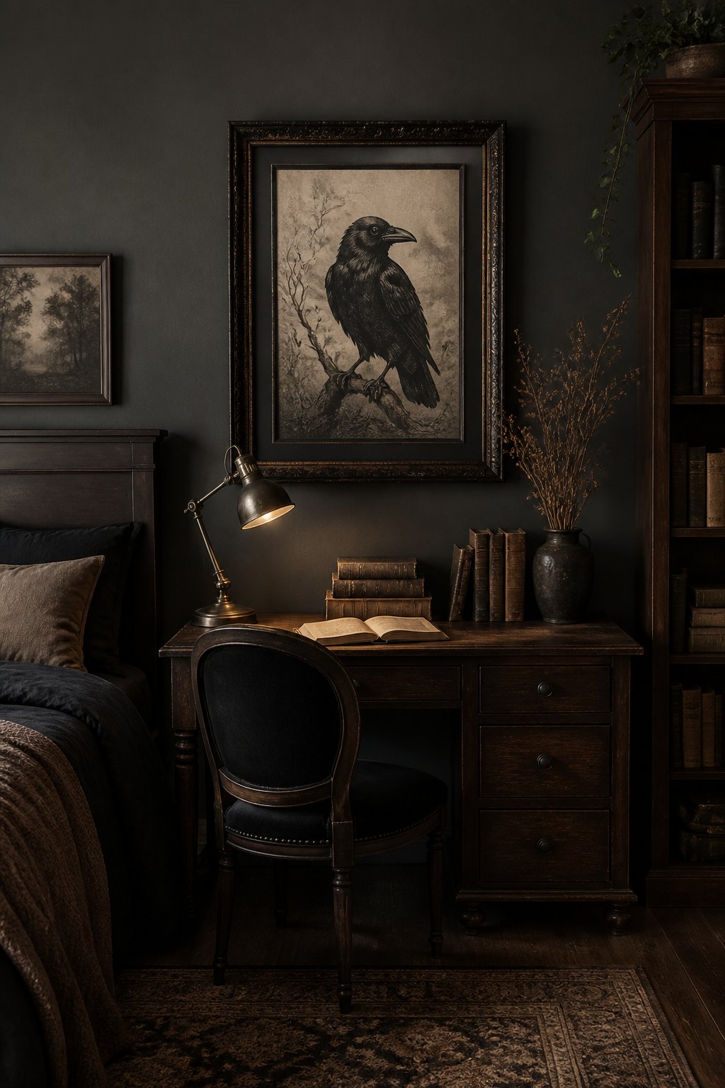 A small dark bedroom with a framed raven illustration above a desk, surrounded by vintage furniture, books, and warm lighting.