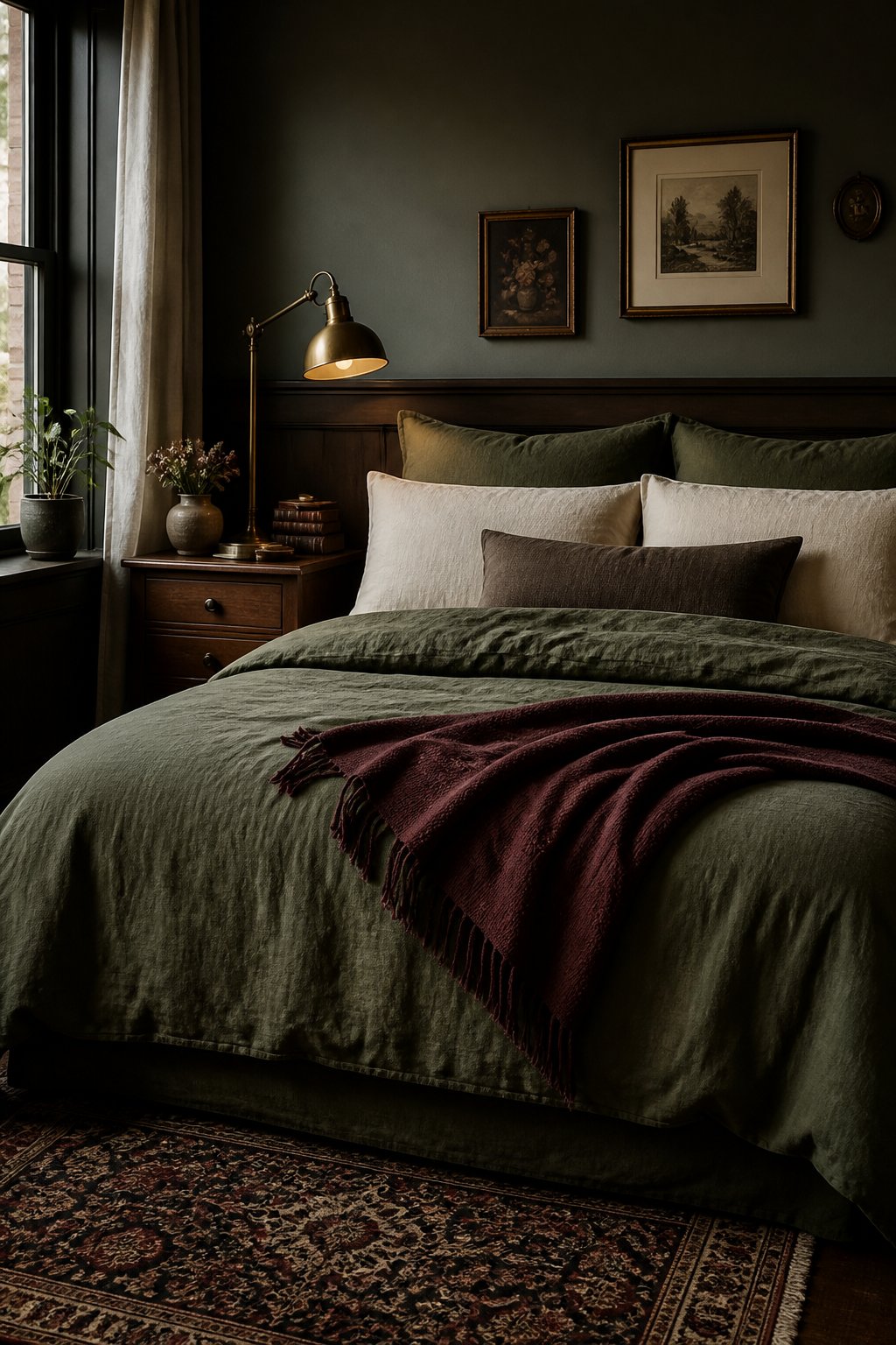 A small cozy bedroom with an olive green linen bedspread and a burgundy throw.