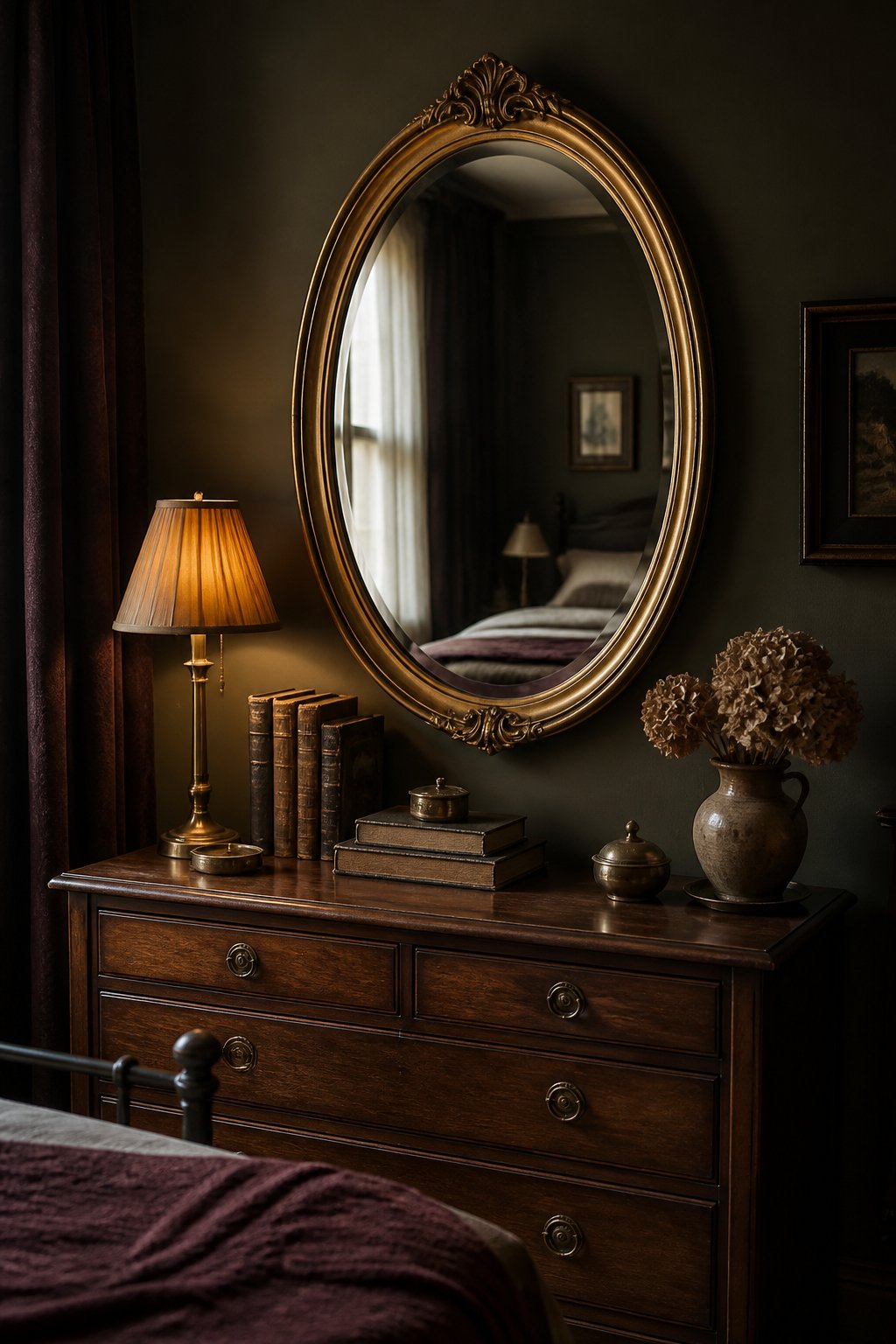 An ornate gold oval mirror hangs above a wooden dresser in a softly lit bedroom.