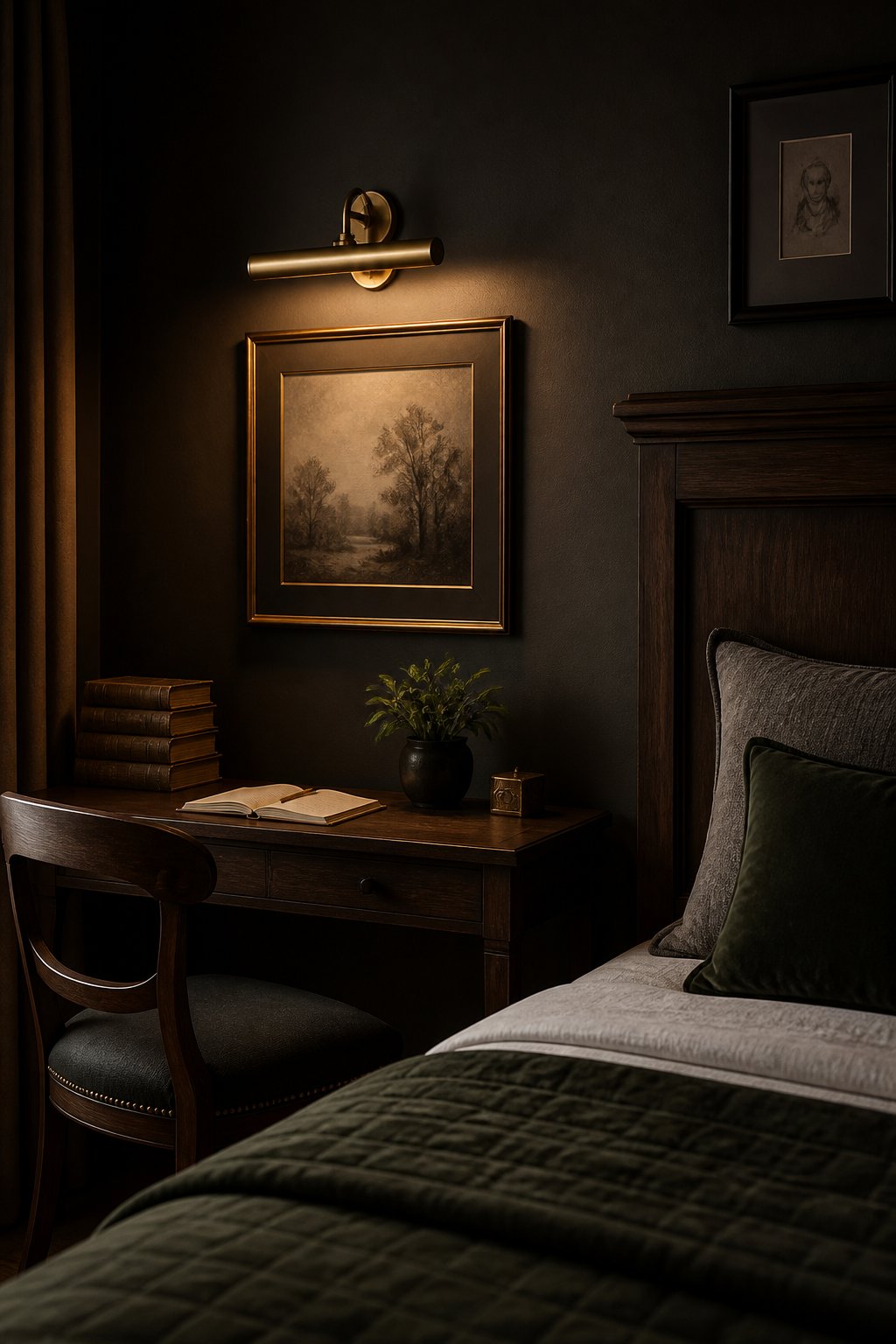 A small bedroom with a brass picture light illuminating framed artwork above a dark wood desk.
